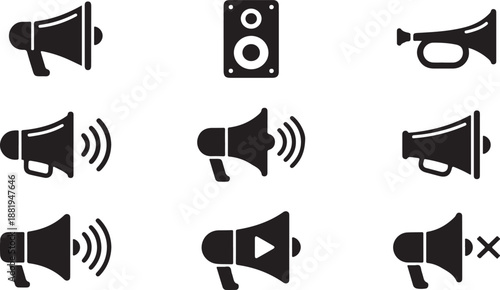 Audio Icon Grid – Megaphones, Speaker, Trumpet, and Sound Control Symbols