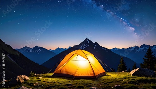 Illuminated Camping Tent Under Starry Night Sky Over Majestic Mountain Range Scenic Wilderness Adventure