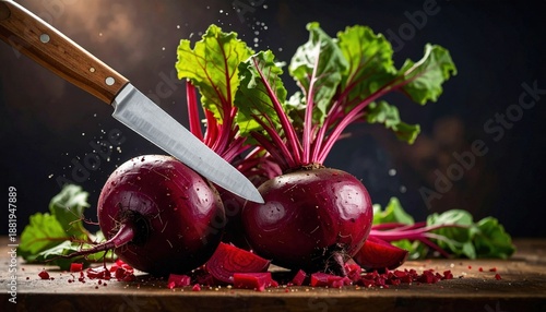 Fresh Organic Beets With Green Tops Being Sliced With Serrated Knife On Wooden Board With Dark Background