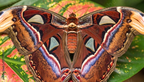 Atlas Moth With Intricate Wing Patterns In Earthy Tones And Blue Accents Perched On Green Foliage In Natural Light