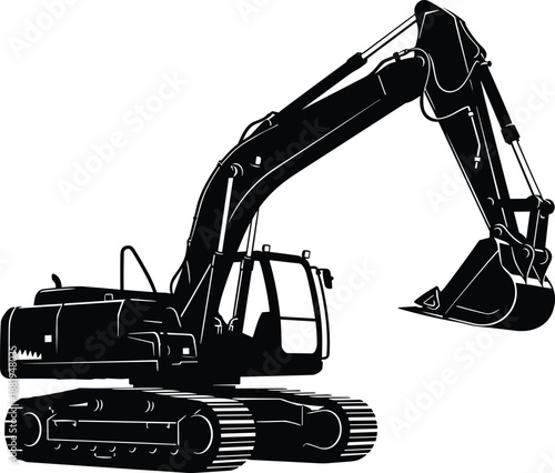 Vector illustration of hydraulic excavator silhouette—symbolizing construction, machinery, digging, engineering, heavy equipment, industry, motion, power, technology, and earthmoving operations