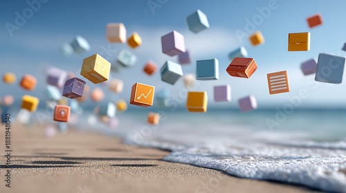 Colorful cubes floating over beach and ocean isolated on white background