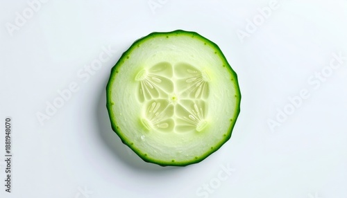 Close Up Overhead Shot Of A Single Green Cucumber Slice With Seeds Visible On A Clean White Background
