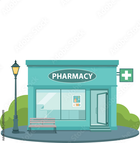 Pharmacy Store Outline Icon Set Drugstore Facade and Medical Shop Front