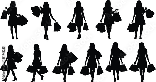 Vector illustration of shopping silhouettes—symbols for fashion, consumerism, lifestyle, retail, elegance, posture, identity, movement, femininity, and purchasing behavior