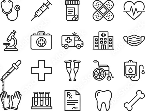 Medical Icons: A collection of meticulously crafted, minimalistic line art icons, each representing an essential element of healthcare and medical practice,perfect for any medical design concept.