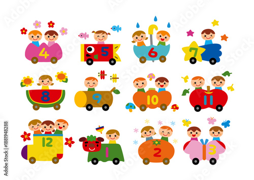Colorful cartoon illustrations of children riding in numbered vehicles and objects, teaching numbers from one to twelve.