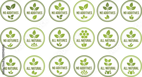 Natural Product Label Icons – No Additives and All Natural Green Badges