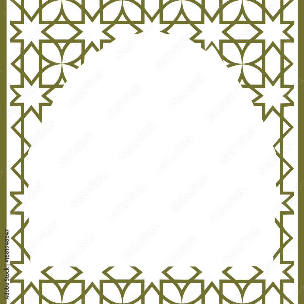 Obraz premium Islamic geometric star frame border in gold outline on white background. Traditional arabesque pattern forming an elegant decorative frame. Ornamental design ideal for Ramadan, Eid, and invitations. 