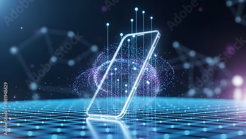 Holographic smartphone outline with rising digital signals and particle rings. Augmented reality and mobile app development. Transparent phone interface glowing on a grid floor.