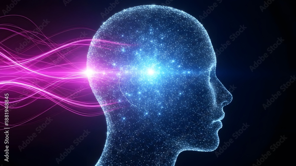 Fototapeta premium Profile of a human head made of glowing digital particles and connection lines. Artificial intelligence and neural networks. Brain activity visualized with light trails and stars.
