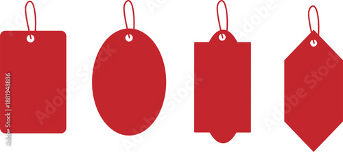 Red hanging price tag labels on white background. Set of blank retail tags in oval and geometric shapes with strings. Clean product labeling design for sales, branding, and promotions. 