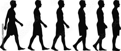 Vector illustration of walking cycle silhouettes—symbols for motion, posture, activity, anatomy, fitness, gesture, biomechanics, lifestyle, movement, and design
