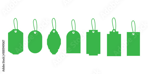 Green hanging price tag label set on white background. Collection of blank retail tags in multiple shapes with strings. Clean product labeling design for sales, branding, and promotions. 