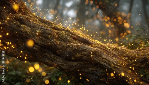 Glistening golden motes float around an ancient, moss-covered tree trunk in a misty forest