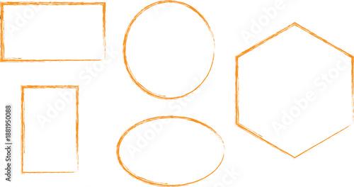 Hand drawn orange geometric shape outlines on white background. Rough sketch rectangles, circles, ovals, and hexagon forms. Minimal doodle shapes for diagrams and design layouts. 