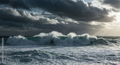 Ocean wave crashing beneath stormy sky