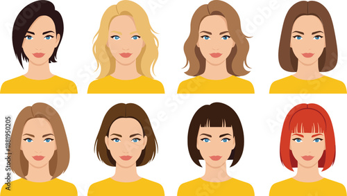 Female Avatar Faces Vector Set Featuring Different Hairstyles and Beauty Looks in Flat Character Illustration