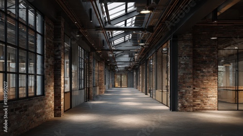 Wallpaper Mural Cinematic panoramic interior of a bare brick office hall with natural daylight Torontodigital.ca