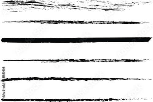 Grunge horizontal brush strokes set on white background. Rough hand drawn ink lines with varied texture and thickness. Artistic divider elements for layouts, posters, and design projects. 