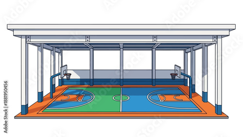 Covered outdoor basketball court with two courts marked for game play, ready for recreational activity and sports enthusiasts