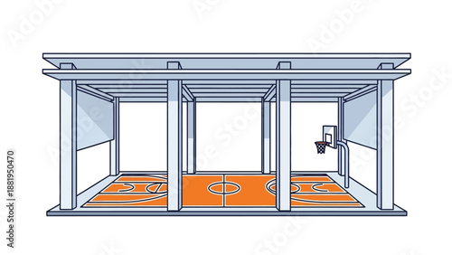 Open-air basketball court shelter with white pillars and orange flooring, featuring a backboard and hoop on one end