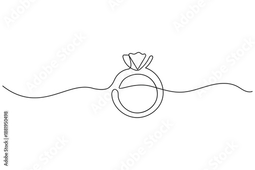 Minimalist continuous one line drawing of a wedding and engagement ring with diamond. Elegant jewelry illustration isolated on white background for love and marriage concepts.
