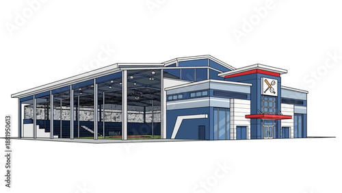 Modern Sports Facility with Bleachers and Concession Stand Area, Architectural Rendering
