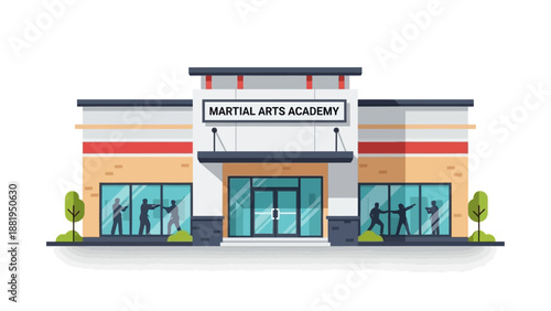 Martial Arts Academy Building With People Training in Front