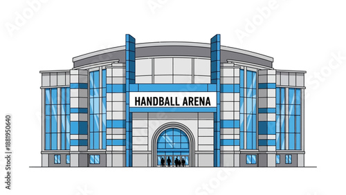 Vibrant Handball Arena with Modern Architectural Design Featuring Large Glass Facades and Entranceways