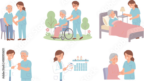 Senior Healthcare and Nursing Assistance Illustration Set Showing Mobility Support, Wheelchair Care, Bedside Help, Checkups, and Medication Planning