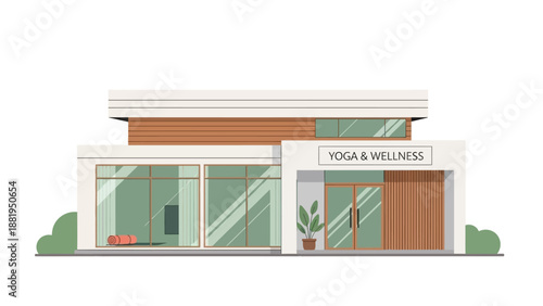Modern Yoga and Wellness Center Building Exterior with Large Glass Windows and Wooden Accents