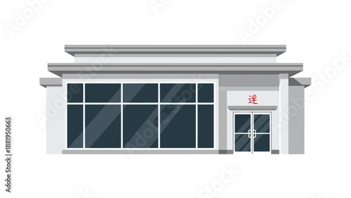 Modern Commercial Building Facade with Large Glass Windows and Double Doors