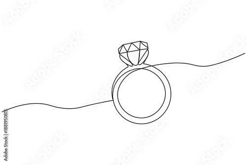Minimalist continuous one line drawing of a wedding and engagement ring with diamond. Elegant jewelry illustration isolated on white background for love and marriage concepts.
