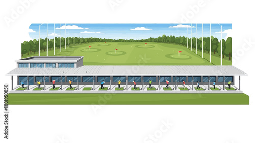 Golf driving range with multiple bays and players practicing their swing with a scenic background of trees and clear skies
