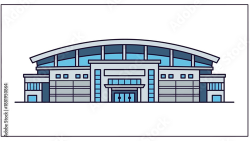 Modern Sports Arena Architecture with Sleek Curved Roof Design, Featuring Large Glass Windows and Multiple Entrances