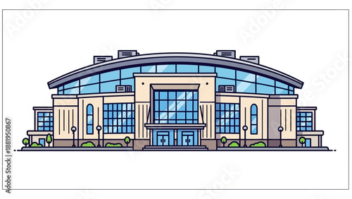 Modern architectural design of a large commercial building with a curved roof and glass facade