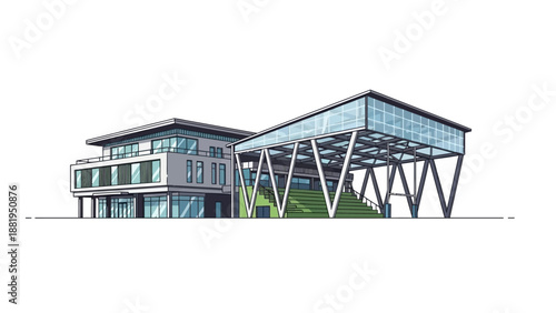 Modern Architectural Design of a Sleek Building with Glass Facades and Geometric Structures