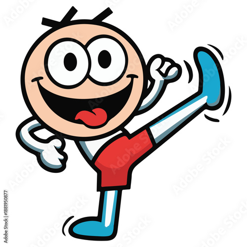 Energetic Cartoon Kick Pose – Playful Character with Tongue Out, Red Shorts, and Blue Accessories