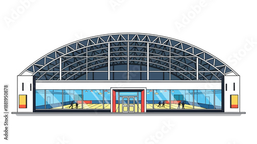 Modern Sports Arena Building With Large Glass Windows and Arched Roof Structure