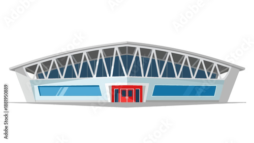 Modern Architectural Design of a Large Sports Arena Building with a Distinctive Roof Structure and Red Entrance Doors