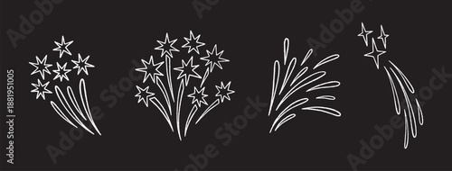 Firework doodles and festive hand drawn firecrackers set. Minimal line sketch style celebration icons with stars, sparkles, magical bursts. For party and holiday design. Vector illustration, black bg