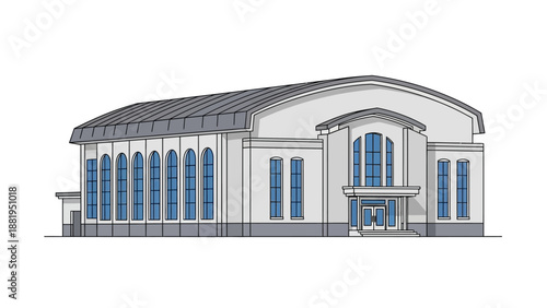 Contemporary architectural illustration of a large public assembly hall or sports arena with a modern design and large arched windows