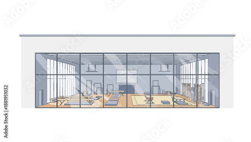 Modern spacious yoga studio interior with large windows and natural light illuminating exercise mats and equipment for wellness and relaxation