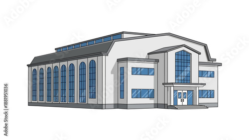 Exterior view of a large, modern gymnasium with multiple windows and arched structures