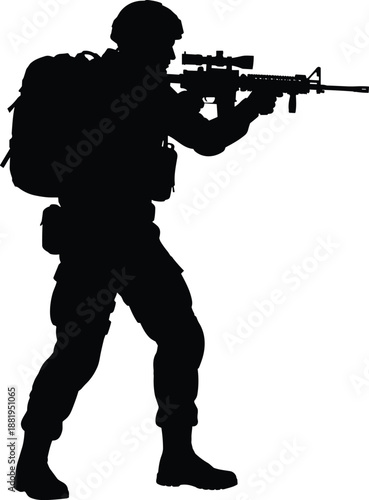 Armed Soldier Military Silhouette with Rifle and Tactical Gear, Infantry Combat Pose, Army Defense and Modern Warfare Vector Illustration