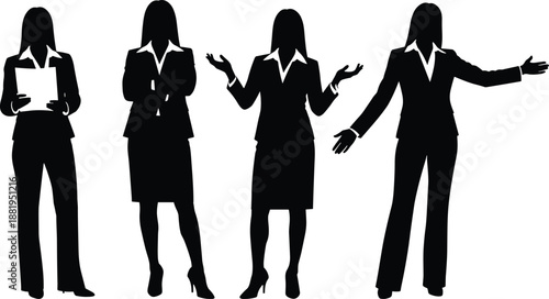 Businesswoman silhouettes in professional poses, confident female leaders presenting, discussing and explaining ideas, corporate teamwork concept isolated on white background