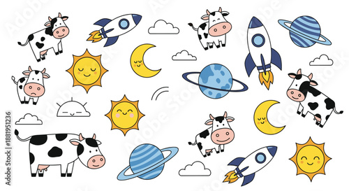 Fun collection of space themed illustrations featuring cows in suits, rockets, planets, suns, moons, and clouds.