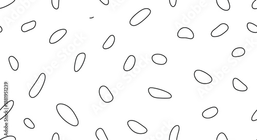 Minimalist seamless pattern with simple hand drawn black oval and pebble shapes scattered on a white background.