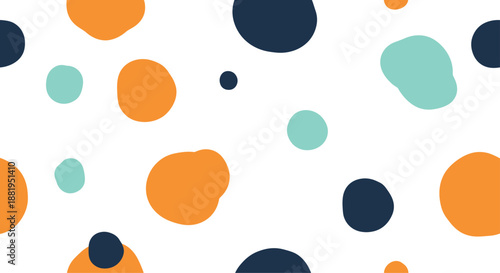 Modern seamless pattern of large abstract dots and organic shapes in orange, teal, and dark blue on a white background.